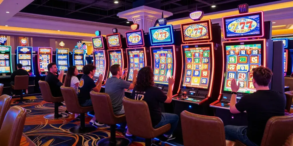Exciting casino scene featuring players enjoying Lucky777 slot machines with vibrant neon lights.
