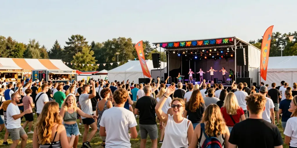 Kur pramogauti at a lively Lithuanian music festival with diverse crowd enjoying local performances.