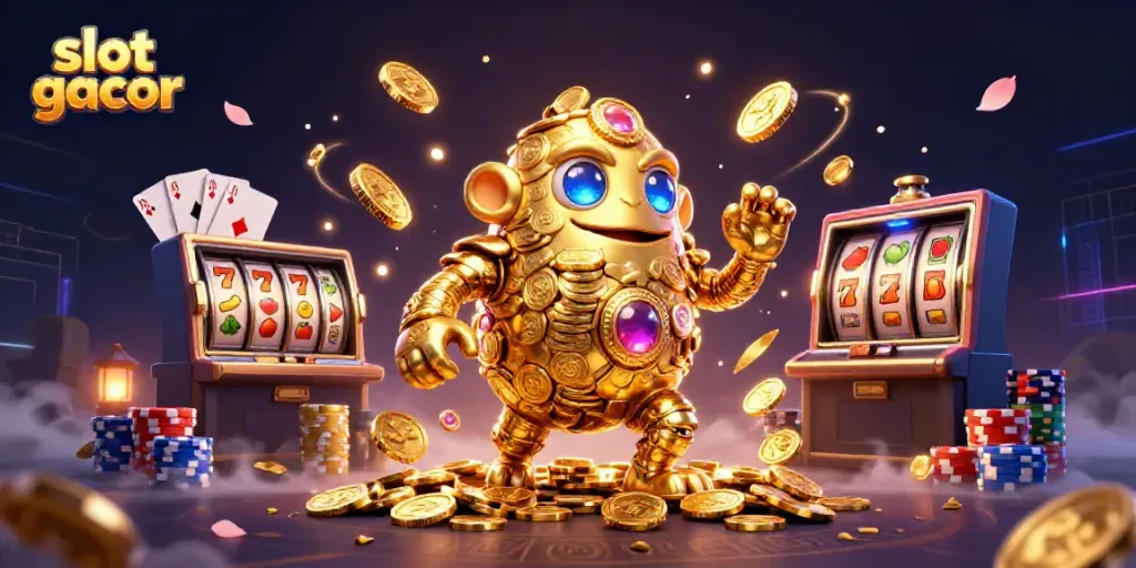 Experience exhilarating slot gacor gameplay with a golden golem, sparkling gems, and dynamic reels.
