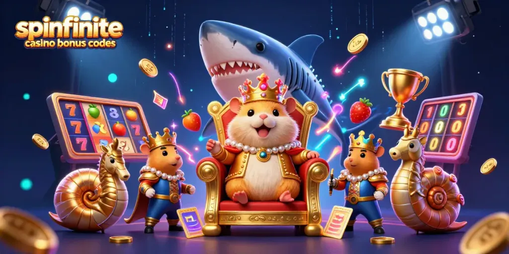 Spinfinite casino bonus codes featured in a vibrant casino scene with a hamster king on a throne.