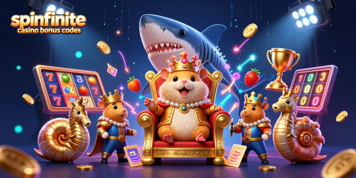 Spinfinite casino bonus codes featured in a vibrant casino scene with a hamster king on a throne.