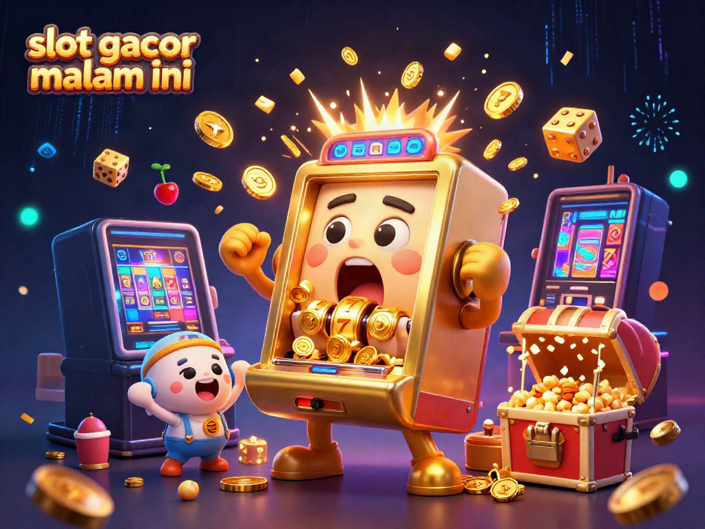 Mesin slot gacor malam ini menunjukkan jackpot dengan koin berjatuhan, dikelilingi mesin slot kecil dan popcorn.
