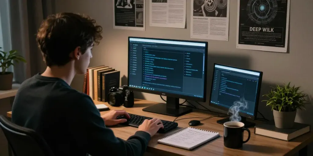Immersive scene of a person using the Hidden Wiki on a laptop surrounded by cybersecurity literature and a cozy workspace environment.