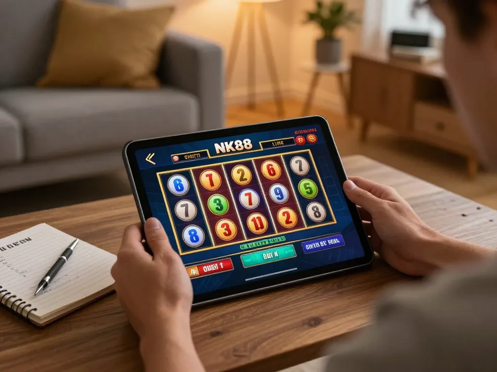 Using the NK88 link on a tablet for exciting online slots with cozy home decor