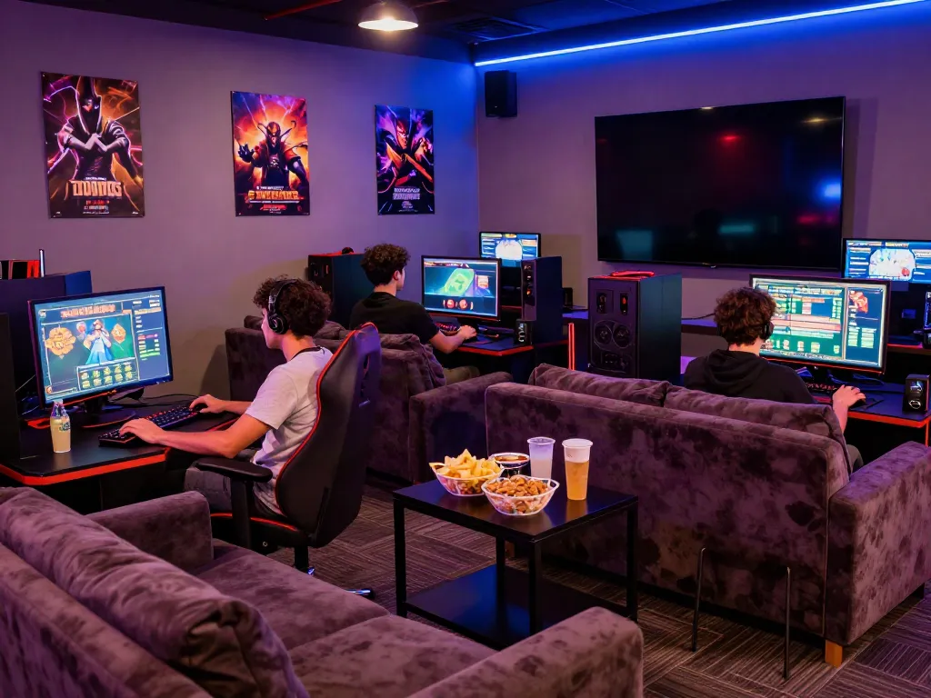 Dynamic gaming lounge filled with players enjoying akunjp online slots.