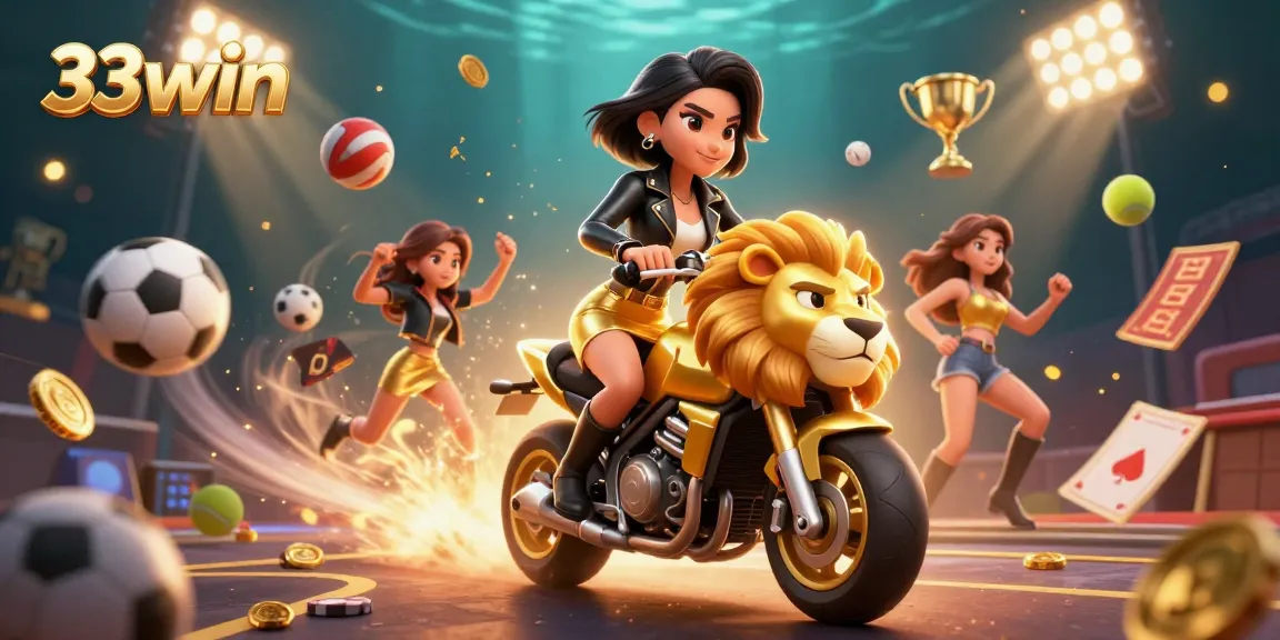 Experience the excitement of 33win with a glamorous ride on a golden lion mascot, showcasing thrilling games and rewards.
