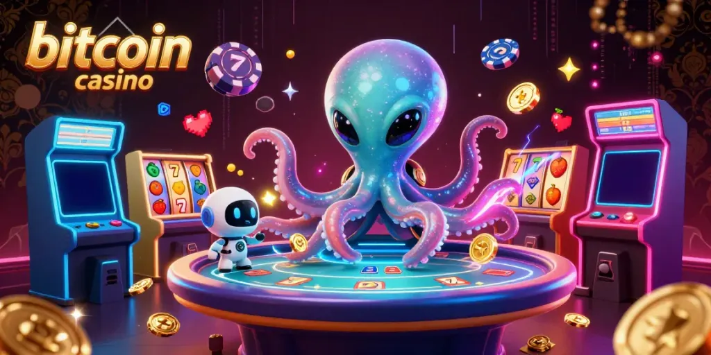 Experience fun action in a vibrant bitcoin casino with an alien octopus and retro gaming elements.