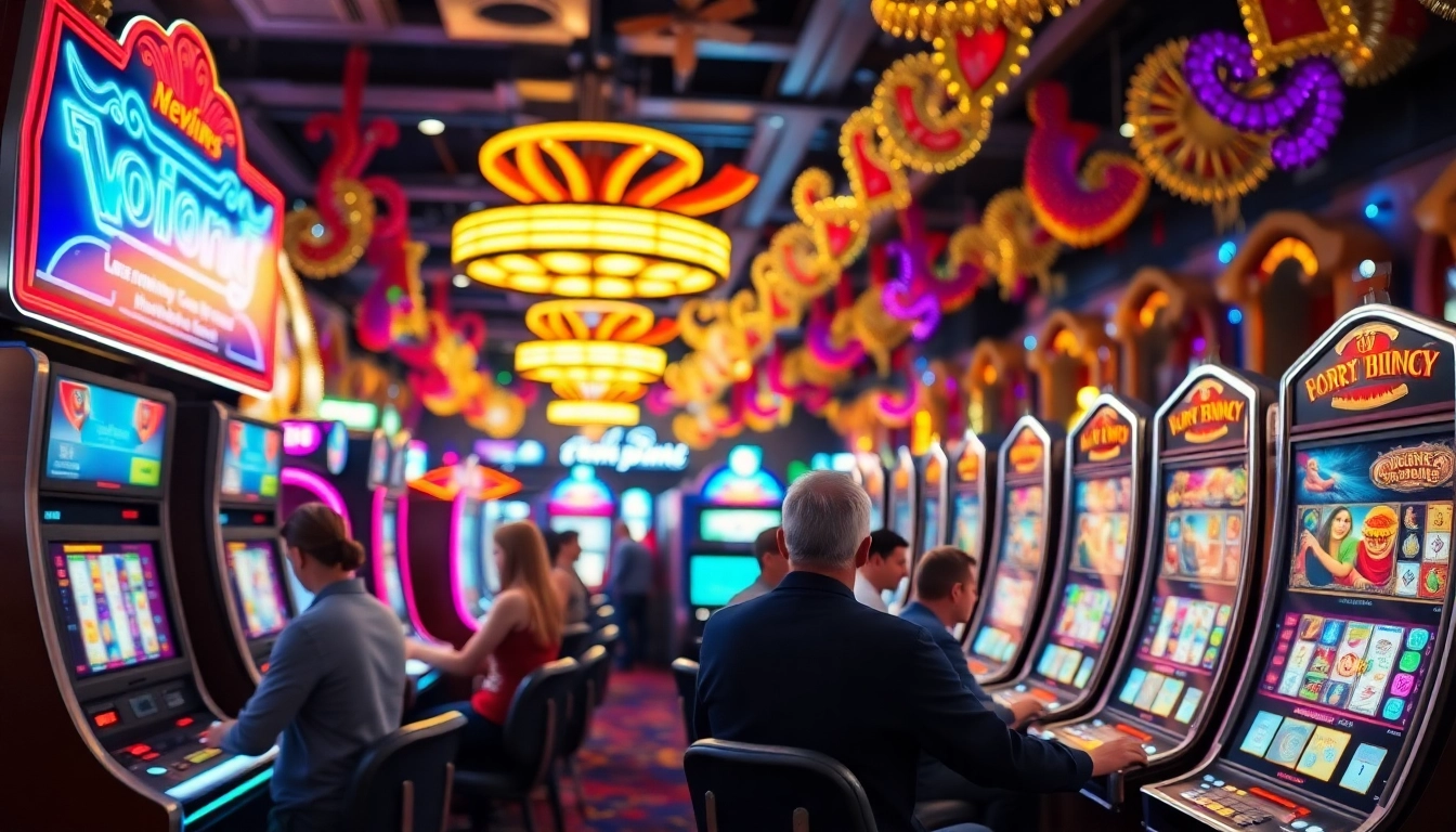 Menampilkan SLOT365 LINK ALTERNATIF dalam suasana kasino yang ramai dengan slot machines yang berwarna-warni.