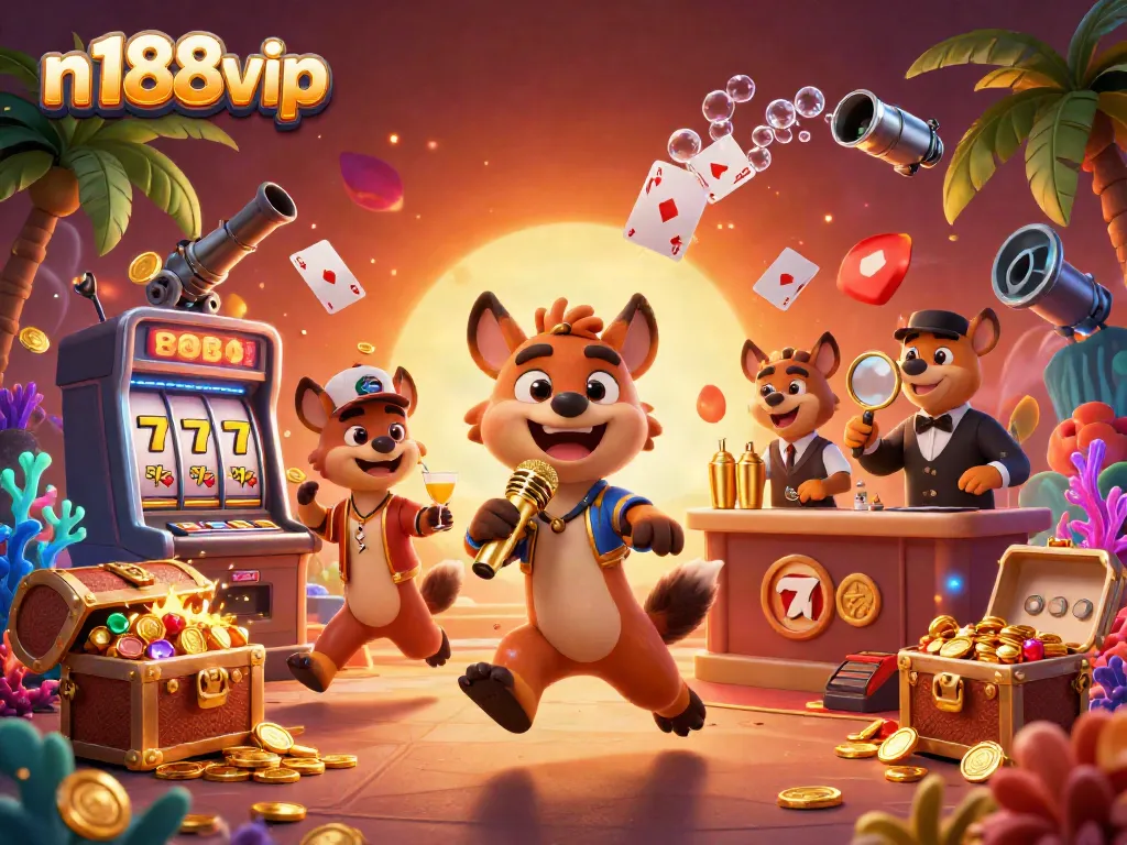 Experience thrilling gameplay at n188vip with lively hyenas running a vibrant casino scene.
