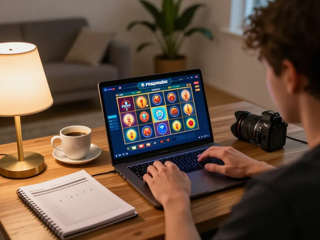 Engaging with a Pragmatic Slot game on a laptop in a cozy home setting, focusing on bankroll management.