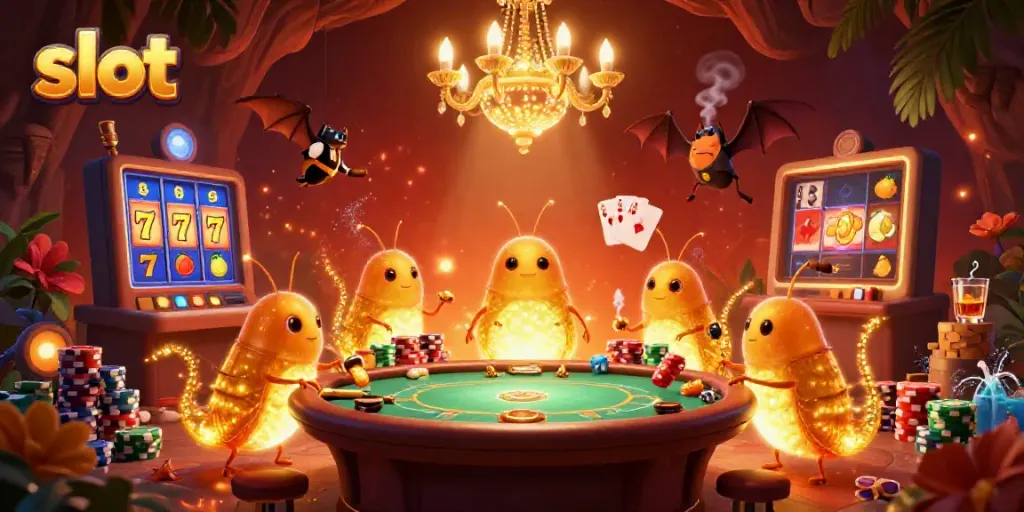 Engaging slot gaming scene illuminated by glowworms, showcasing vibrant casino elements.