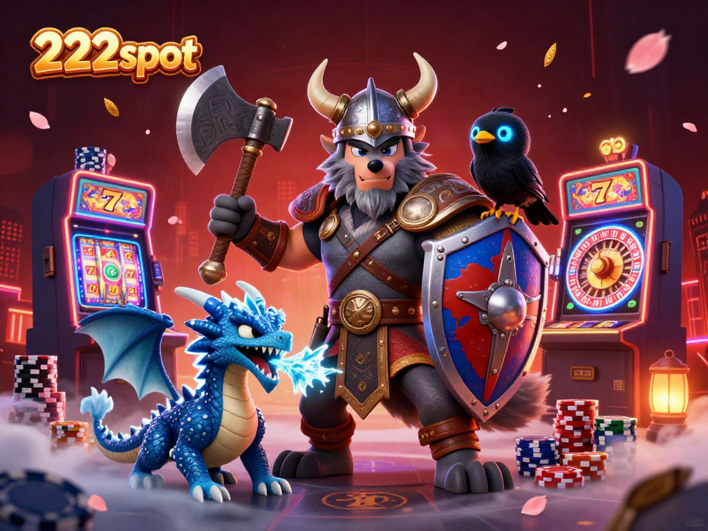 Bermain di 222slot dengan suasana kasino yang menggembirakan dan karakter Viking yang berani.