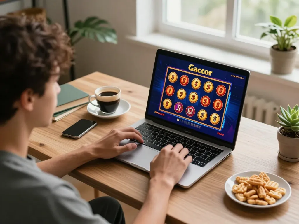 Player enjoying slot gacor games on laptop in a cozy home setup with snacks and coffee.