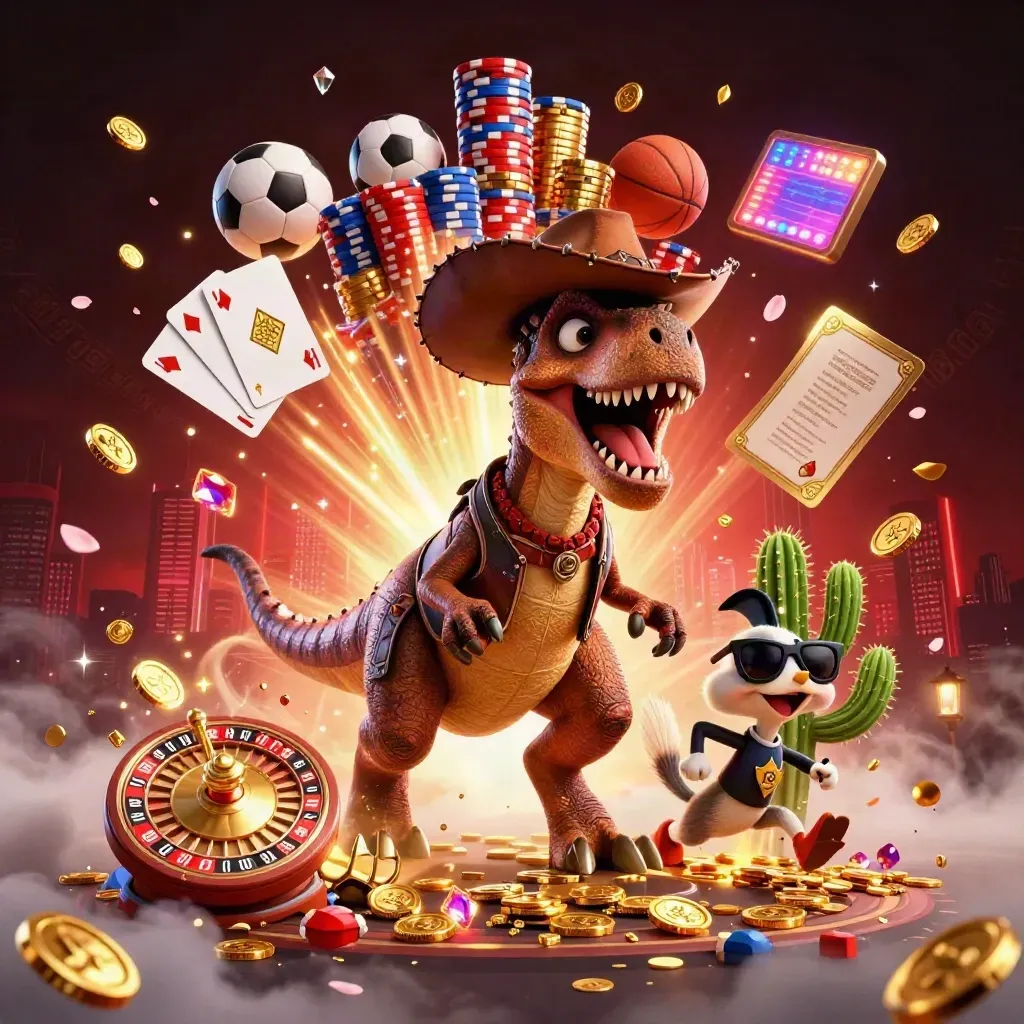 Cartoon cowboy T-Rex trio amid jackpot coins, cards, chips, and glowing casino effects.