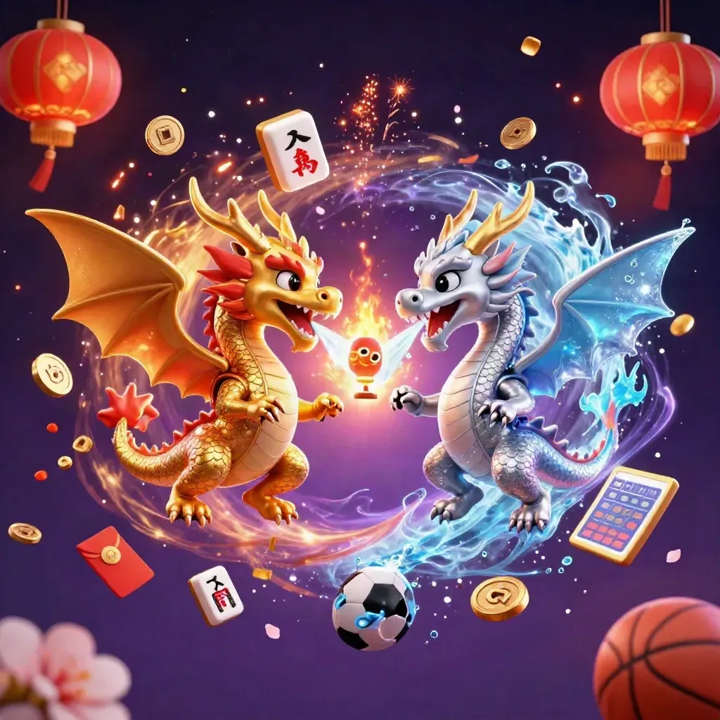 Twin gold and silver dragons spiral in fire-and-ice glow with casino charms and sports props.