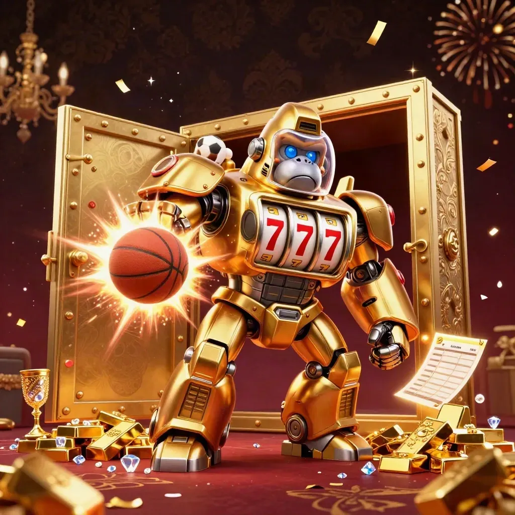 Golden gorilla mech with monkey pilot, sports balls, treasure burst, casino glow