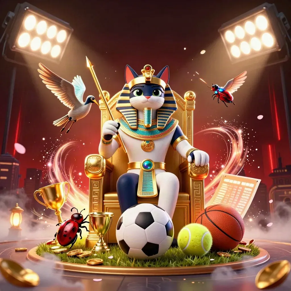 Pharaoh cat, ibis, and scarabs with flying sports balls, trophy, coins, and moody casino lights.