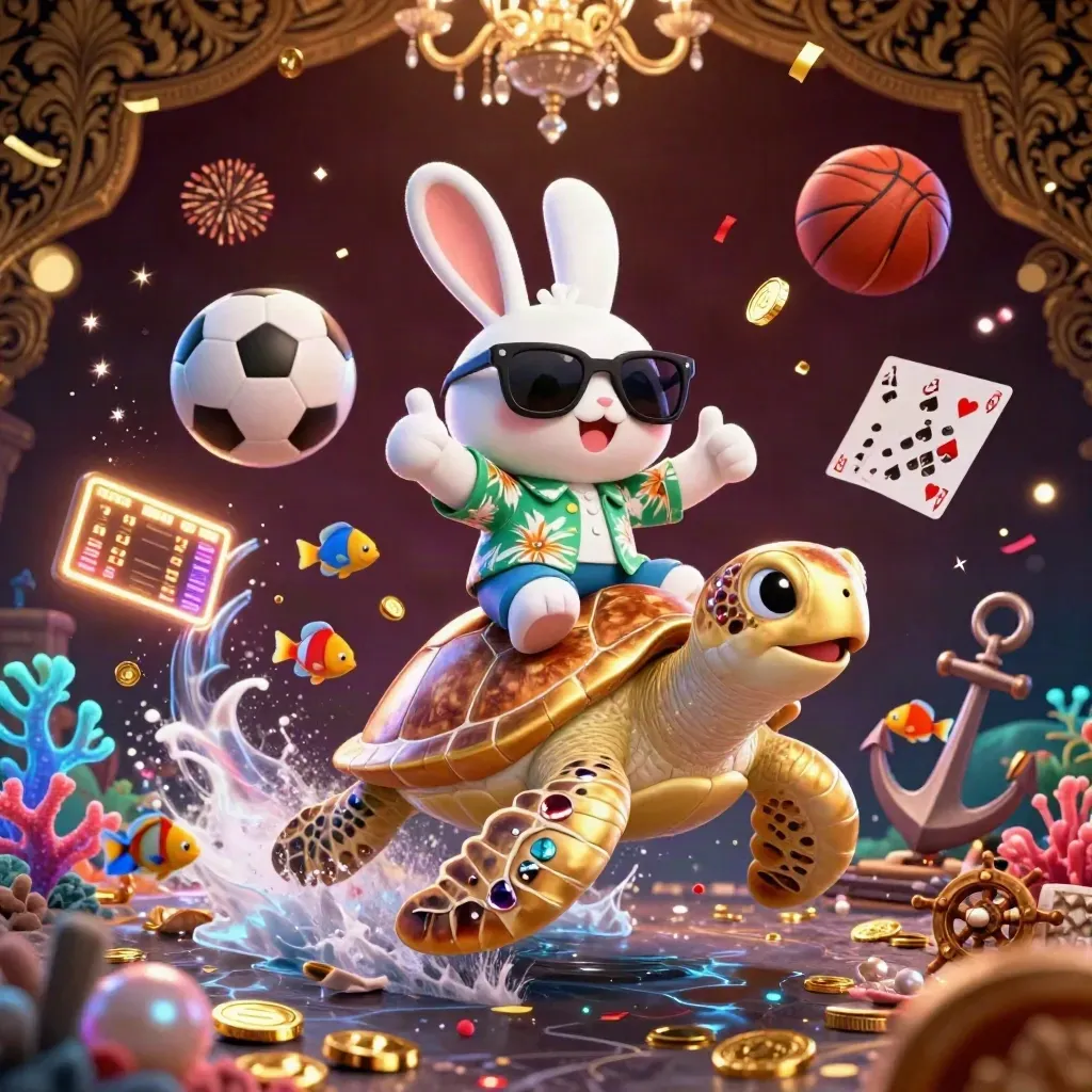 Lucky rabbit rides a golden turtle through a treasure cove with coins, cards and casino sparkle.