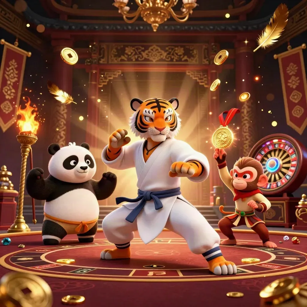 Tiger, panda, and monkey in a luxe casino-temple fight scene with gold glow and smoke