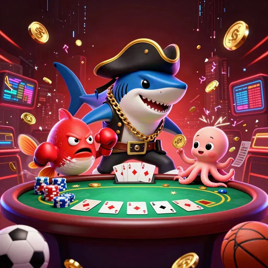 Pirate shark, boxing pufferfish and juggling octopus amid casino chips, balls and neon energy