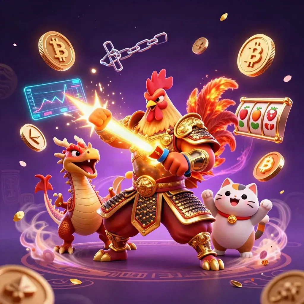 Rooster samurai, spark-breathing dragon hatchling, and cheering fortune-cat amid coins, petals, and neon energy.