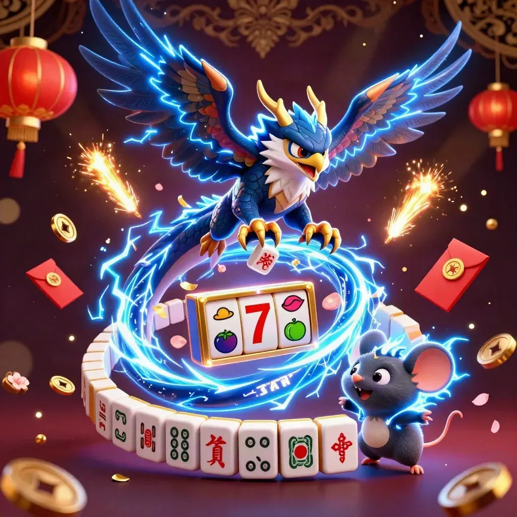 Thunder dragon, wind hawk, and static mouse burst through casino gems, lanterns, and jade coins.