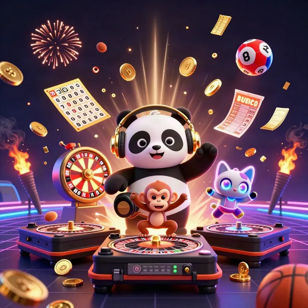 DJ panda, monkey, and glow kitten amid gold coins, fireworks, and sports-betting props