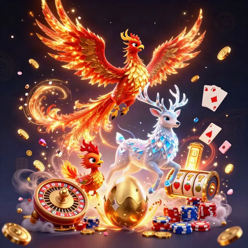 Fire phoenix, hatching baby phoenix, and crystal-antler stag amid coins, gems, chips, cards, and reels.