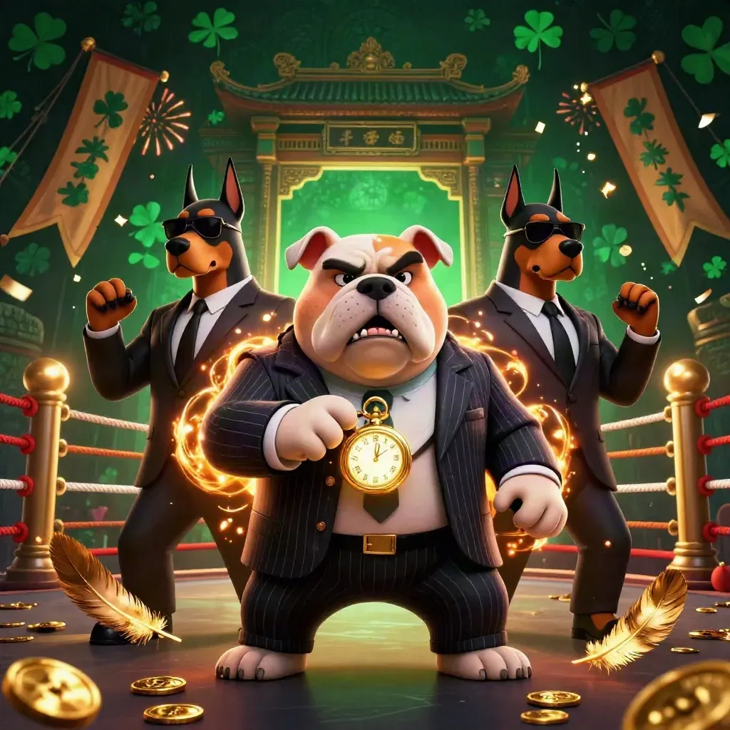 Bulldog boss with two Doberman guards amid gold sparks, temple gate, coins, and confetti.
