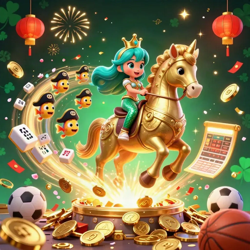 Mermaid princess on armored seahorse amid coins, lanterns, fireworks and betting icons.