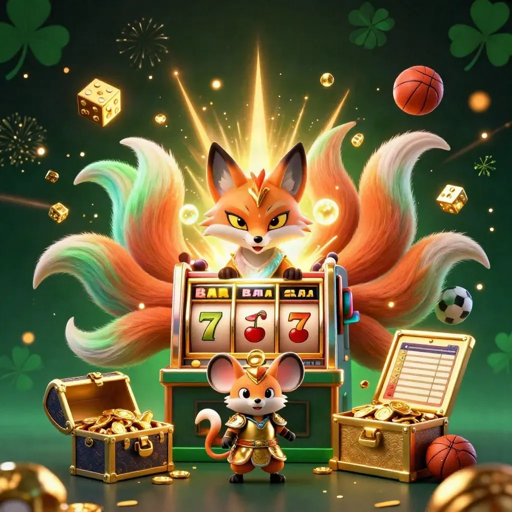 Nine-tailed fox spirit and samurai mouse amid bursting slots, gold coins, dice, and casino lights