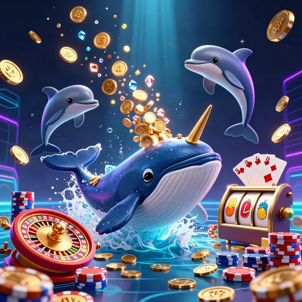 Whale captain, narwhal, and dolphins explode through coins, chips, cards, and glowing slot symbols.