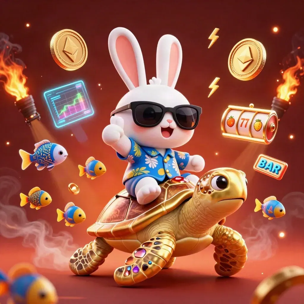 Cartoon lucky rabbit on a gem-shell sea turtle amid coins, fish, reels, lightning, and ember glow.