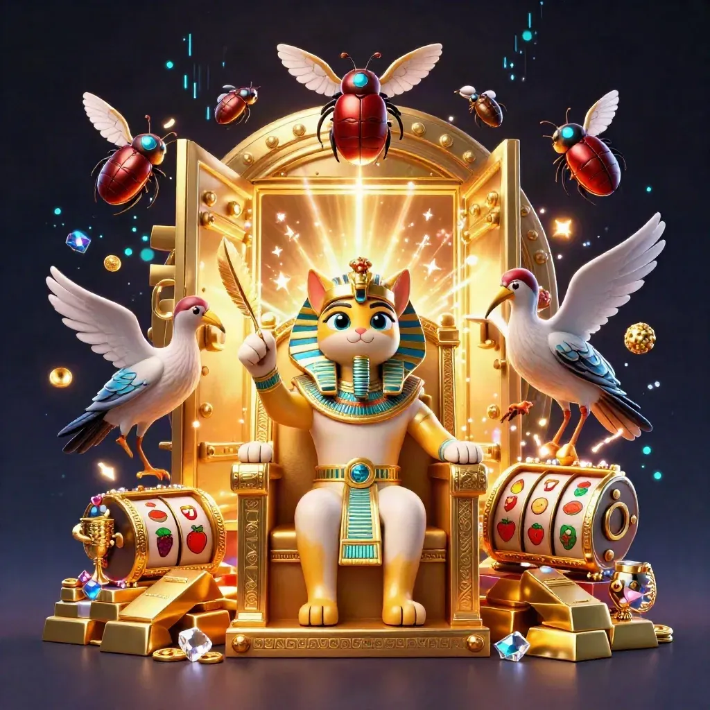 Pharaoh cat on throne with ibis scribe, scarabs, vault burst, gold and slot symbols.
