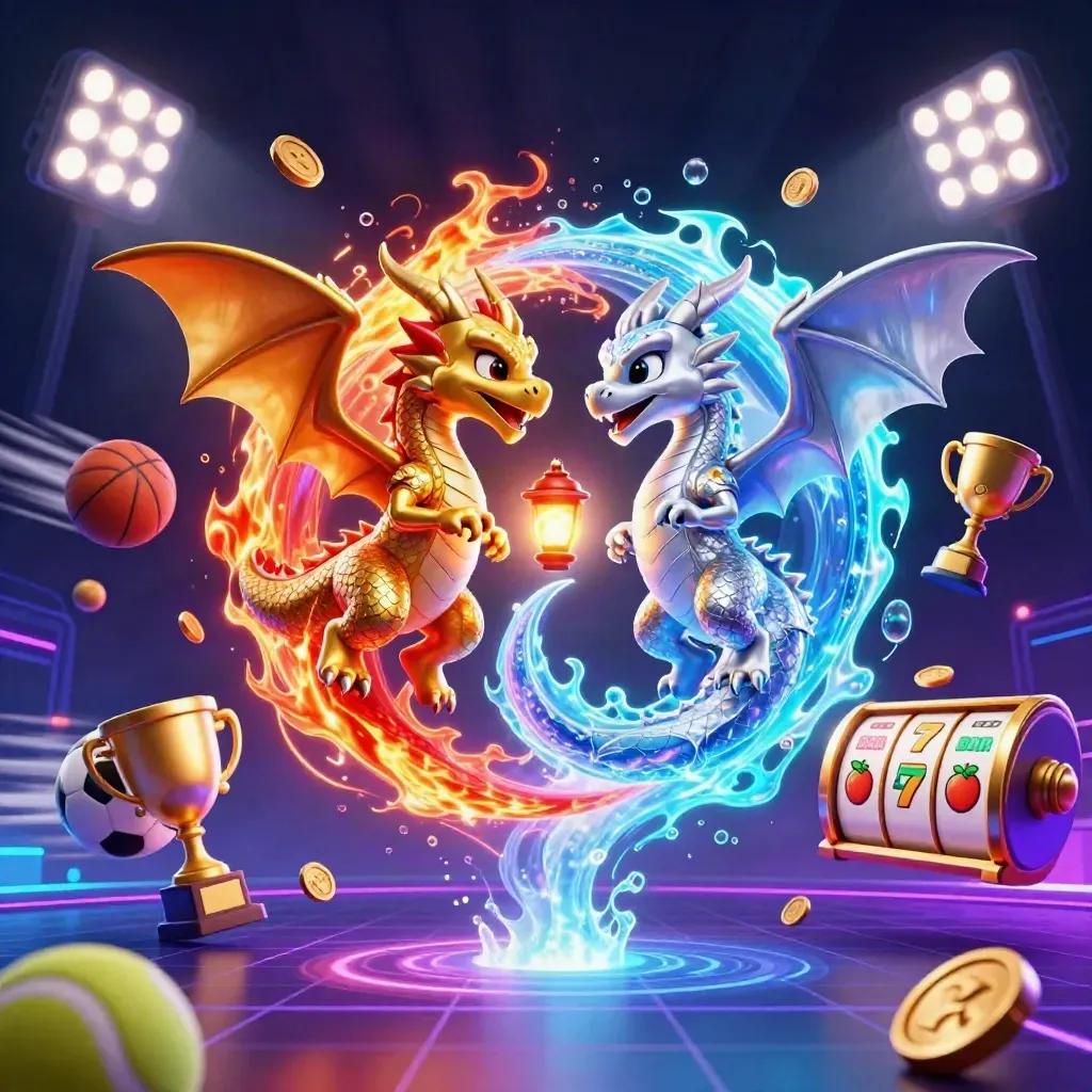 Twin gold and silver dragons coil in a neon casino burst with sports and slot energy.