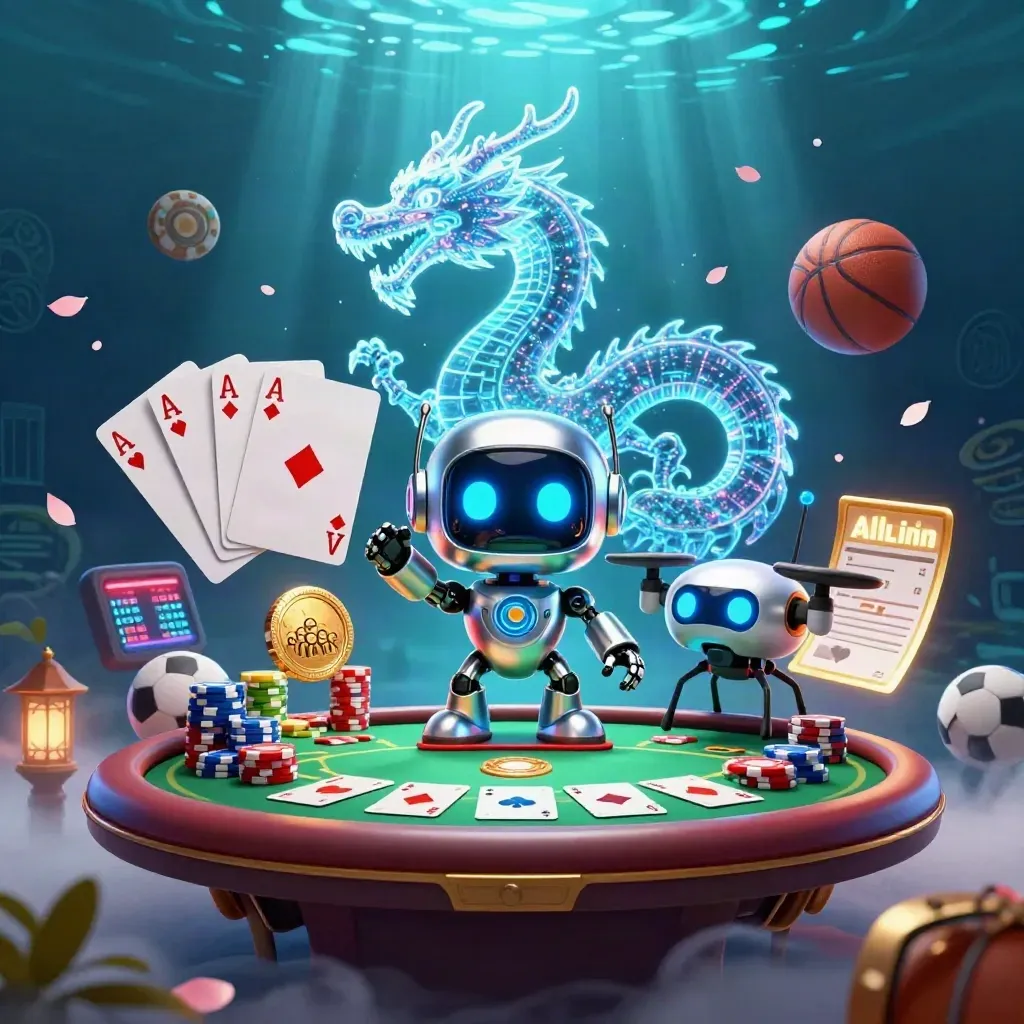 Cyberpunk robot, hologram dragon, and coin drone over poker gear, sports balls, and glowing casino effects.