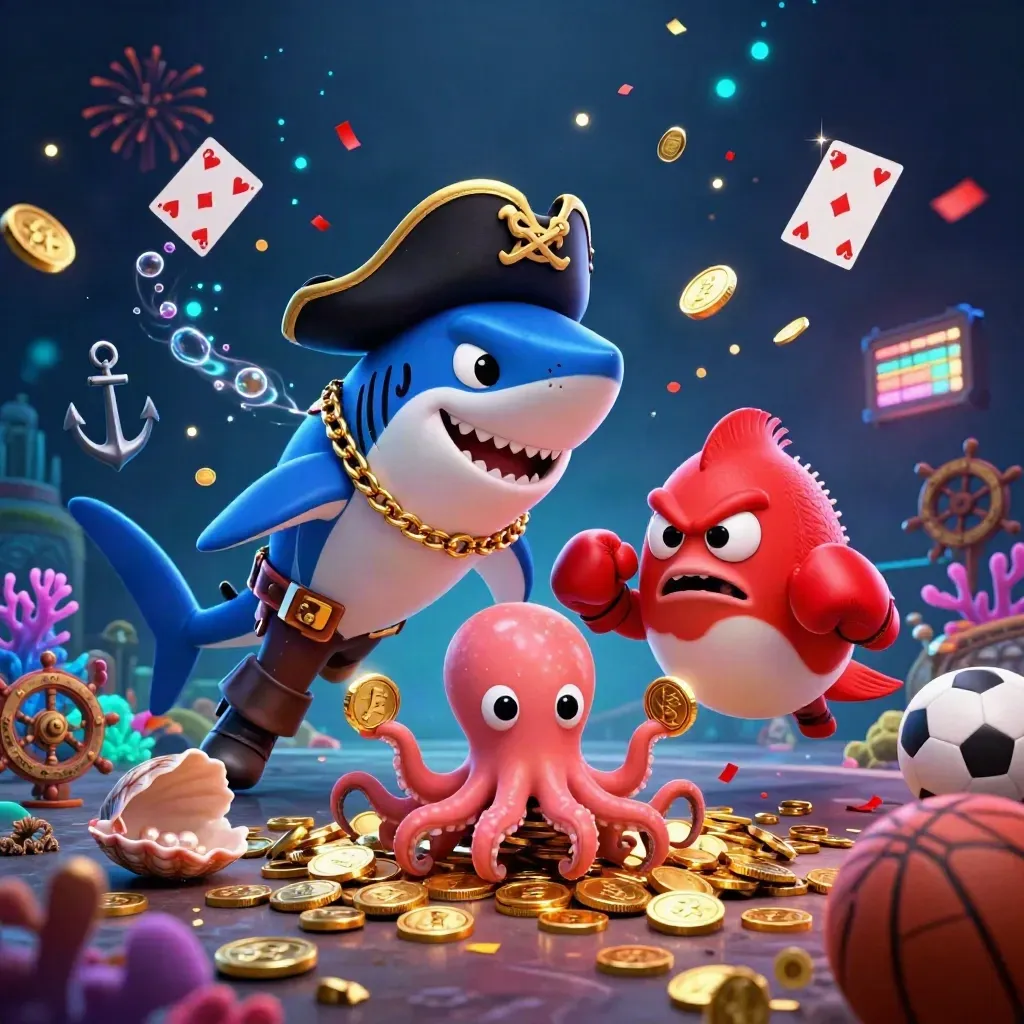 Pirate shark, boxing pufferfish, and juggling octopus amid gold coins underwater