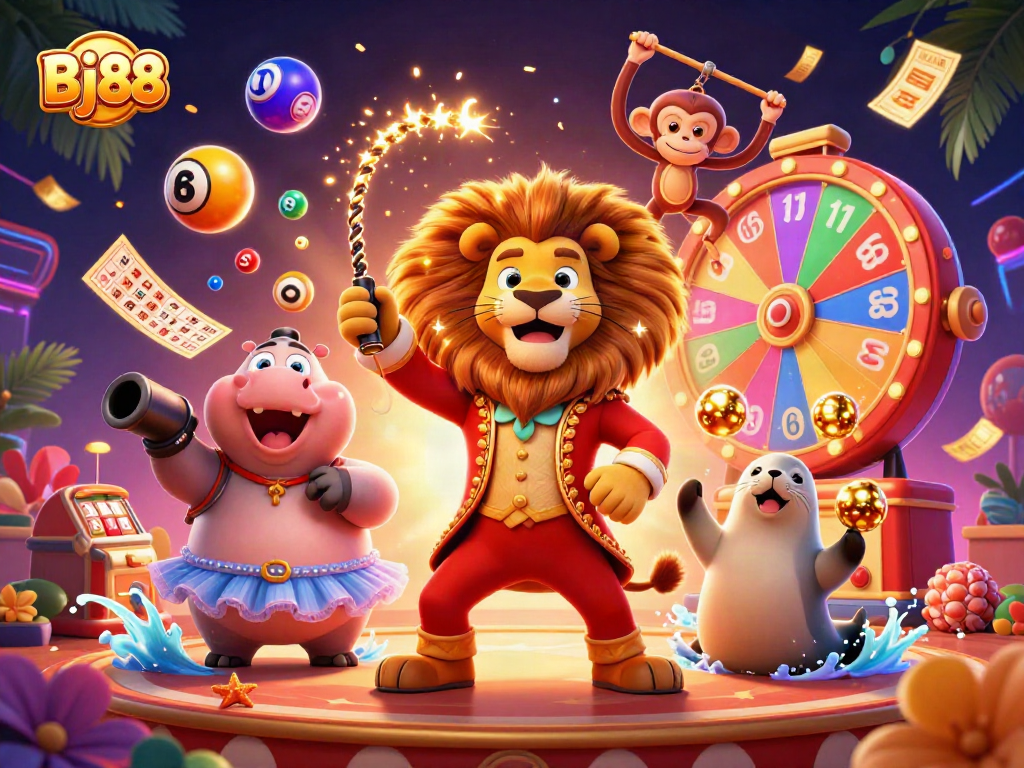 Bj88 captivates players with a vibrant circus scene featuring a ringmaster lion and casino elements.