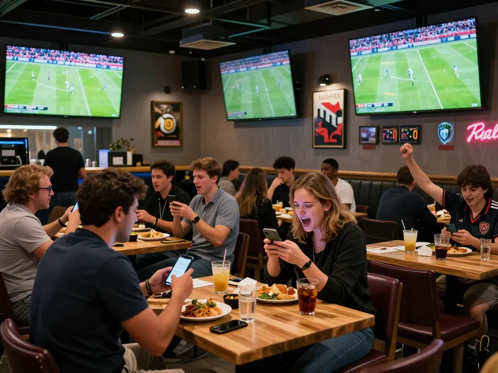Patrons engaging in tỷ lệ bóng đá kèo nhà cái at a sports bar, using smartphones to place bets.