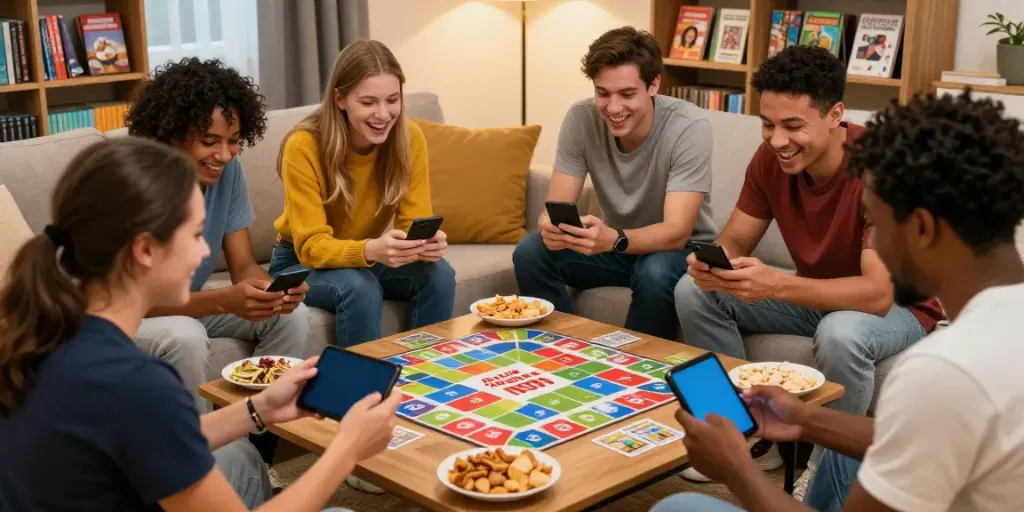 Friends enjoying Rumble Rummy on mobile devices in a cozy living room setting.
