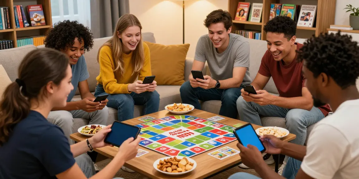 Friends enjoying Rumble Rummy on mobile devices in a cozy living room setting.