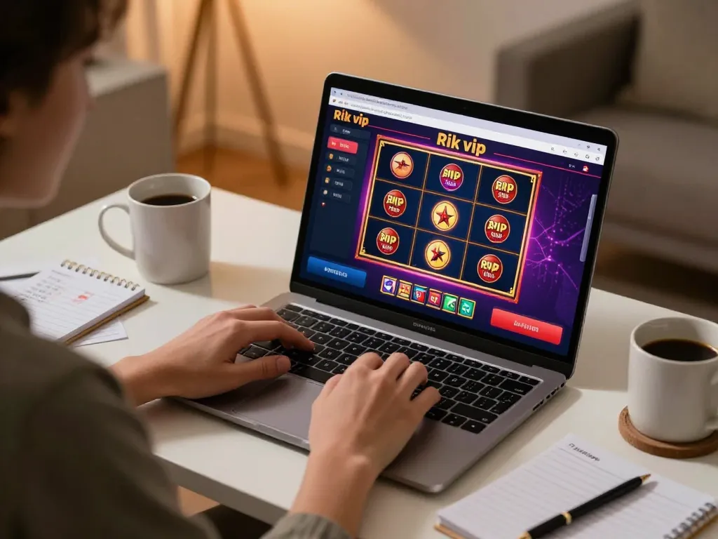 Engaging with rik vip on a laptop, showcasing casino games in a cozy home setting.