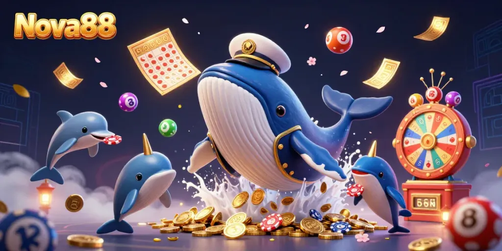 Experience the thrill of Nova88's vibrant casino scene with a whimsical whale and playful marine life.