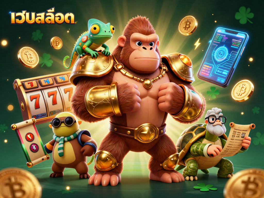 Engage with เว็บสล็อต featuring a golden gorilla king amidst vibrant slot symbols and crypto elements.
