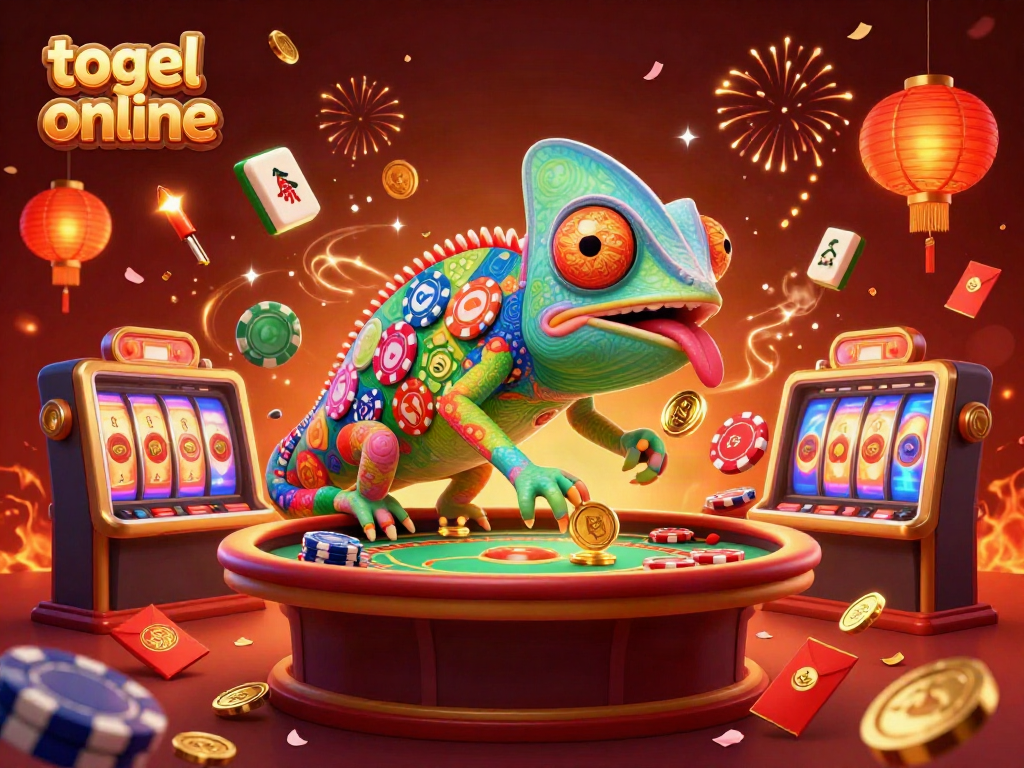 Engage with togel online magic through vibrant 3D casino illustration featuring chameleon owner and slot reels.