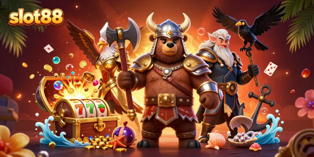 Menangkan pengalaman bermain slot88 dengan Viking dan harta karun mewah dalam ilustrasi 3D.