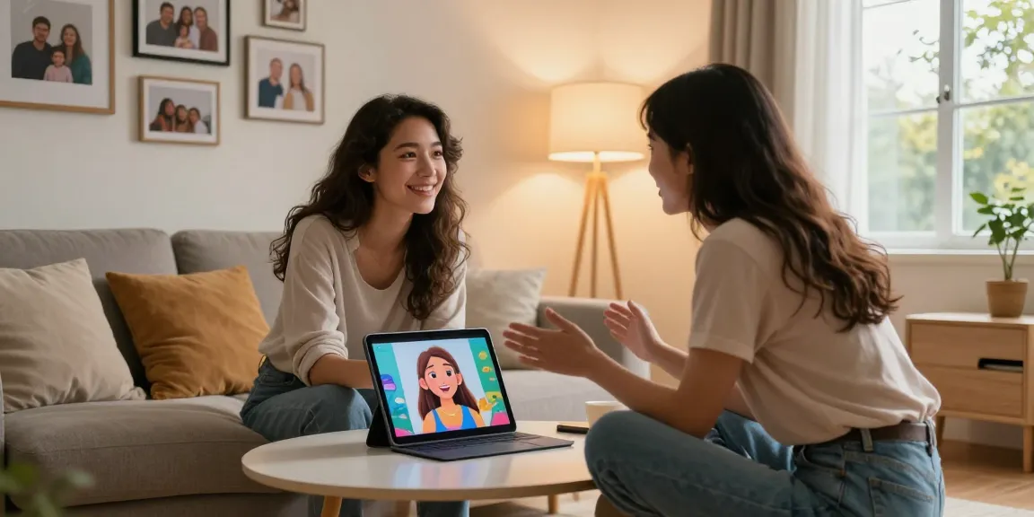 AI girlfriend interaction in a cozy living room with a colorful avatar on a tablet, showcasing digital companionship.