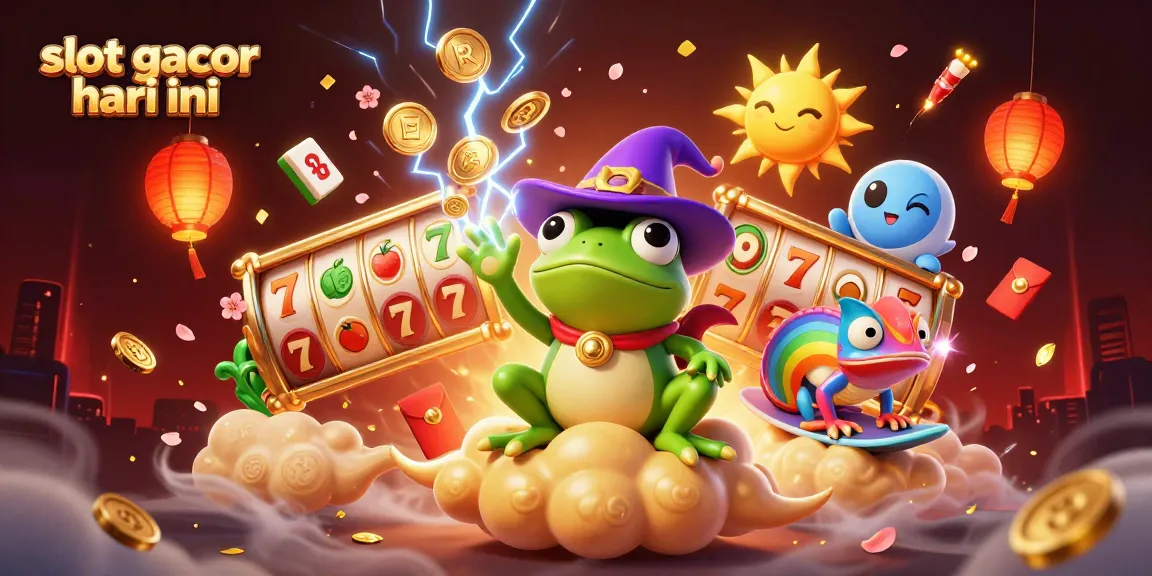 Experience the excitement of slot gacor hari ini with golden coins raining from a wizard frog amidst vibrant casino visuals.