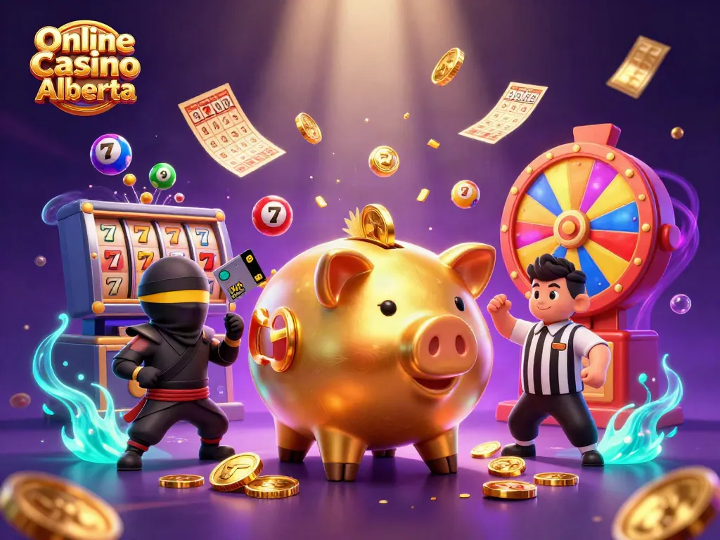 Join the excitement of Online Casino Alberta with a playful showdown between a golden piggy bank sumo wrestler and a wallet-ninja!
