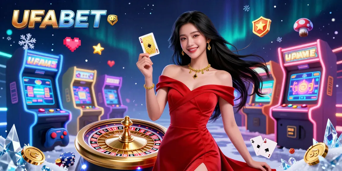 Feel the excitement at UFABET as a stunning Asian dealer engages players with her golden card beside a dynamic roulette wheel.